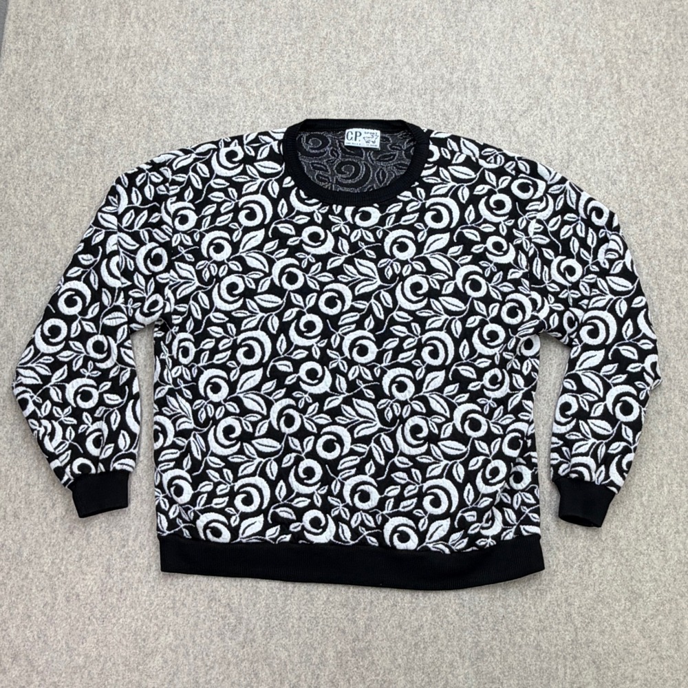 Vtg C.P. Sport Sweatshirt Womens L Black White Floral Grandmacore Whimsigoth USA